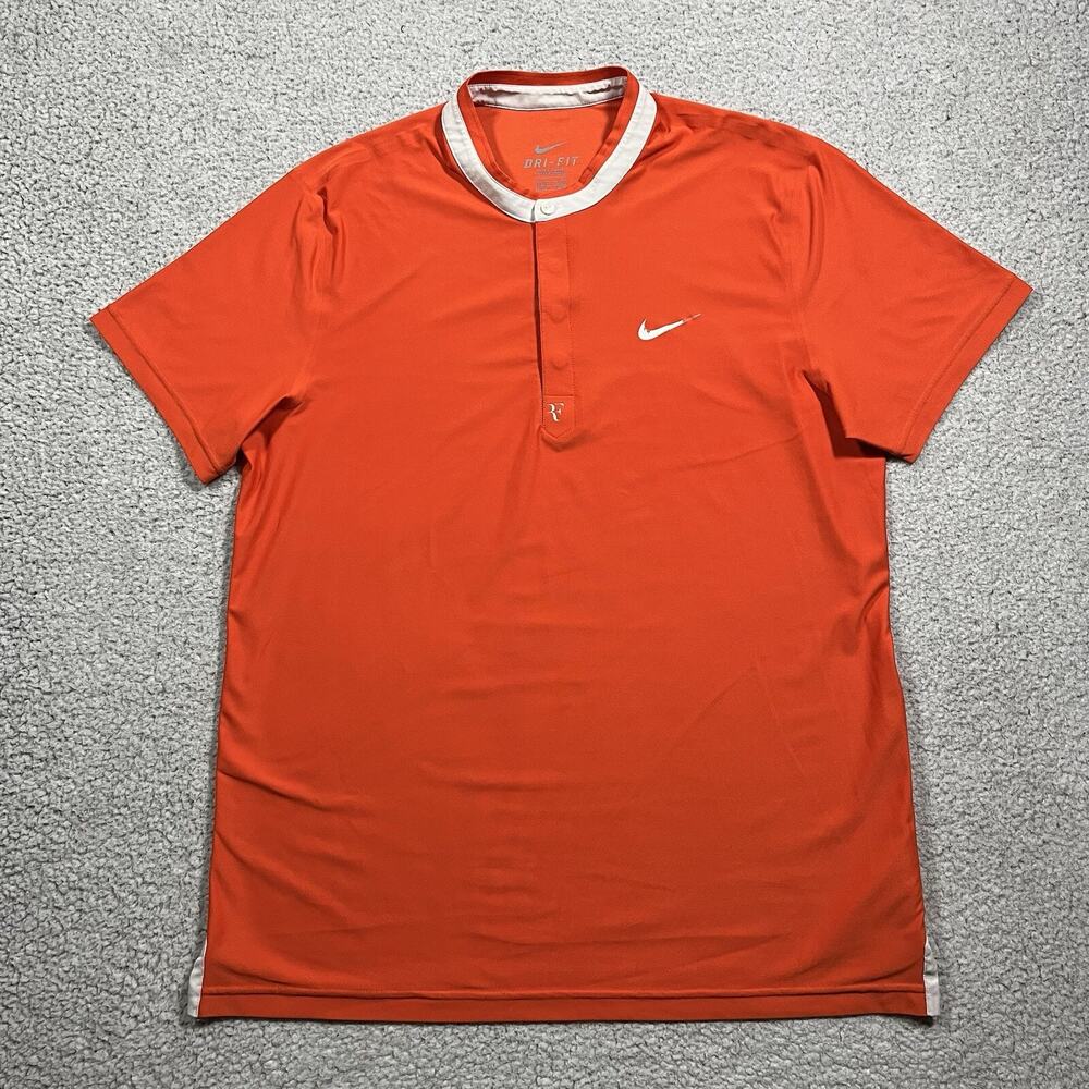 Nike Roger Federer Polo Shirt Mens L Orange Henley Tennis RF 2010 Indian Wells
